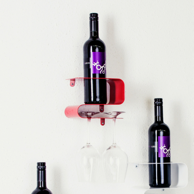 Weinregal / Weinhalter für 1 Weinflasche und 2 Weingläser - Farbe: Rot