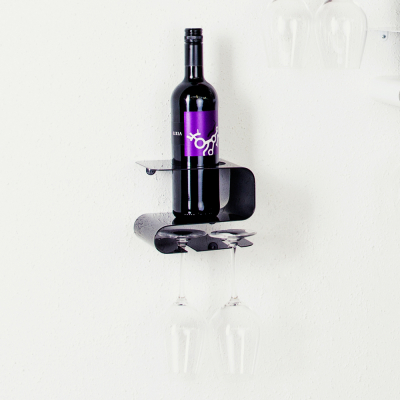 Weinregal / Weinhalter für 1 Weinflasche und 2 Weingläser - Farbe: Schwarz